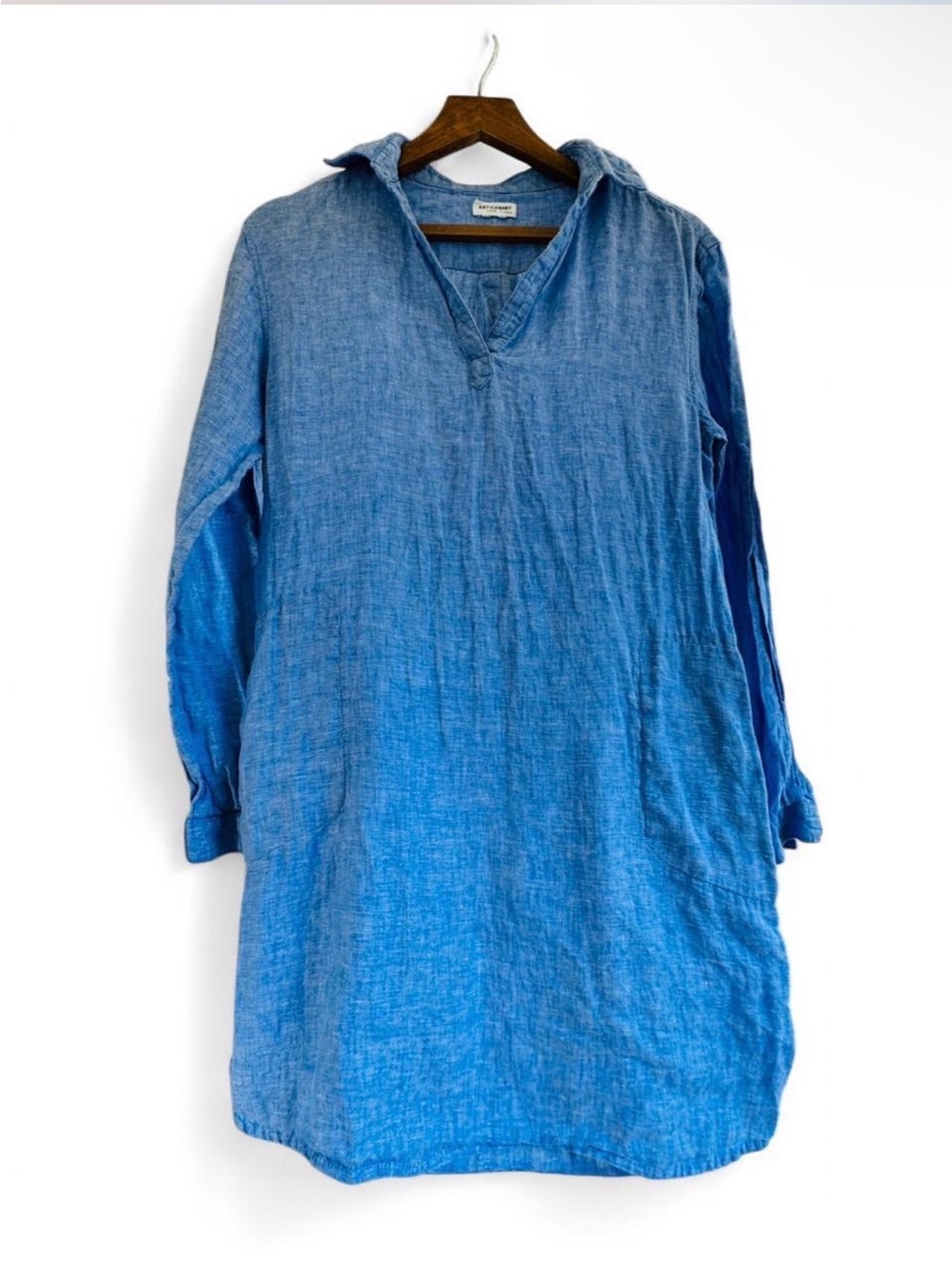 Artisan Blue Washed Linen Tunic Dress Cover Up Coastal Resort Minimalist Fashion - Picture 4 of 8